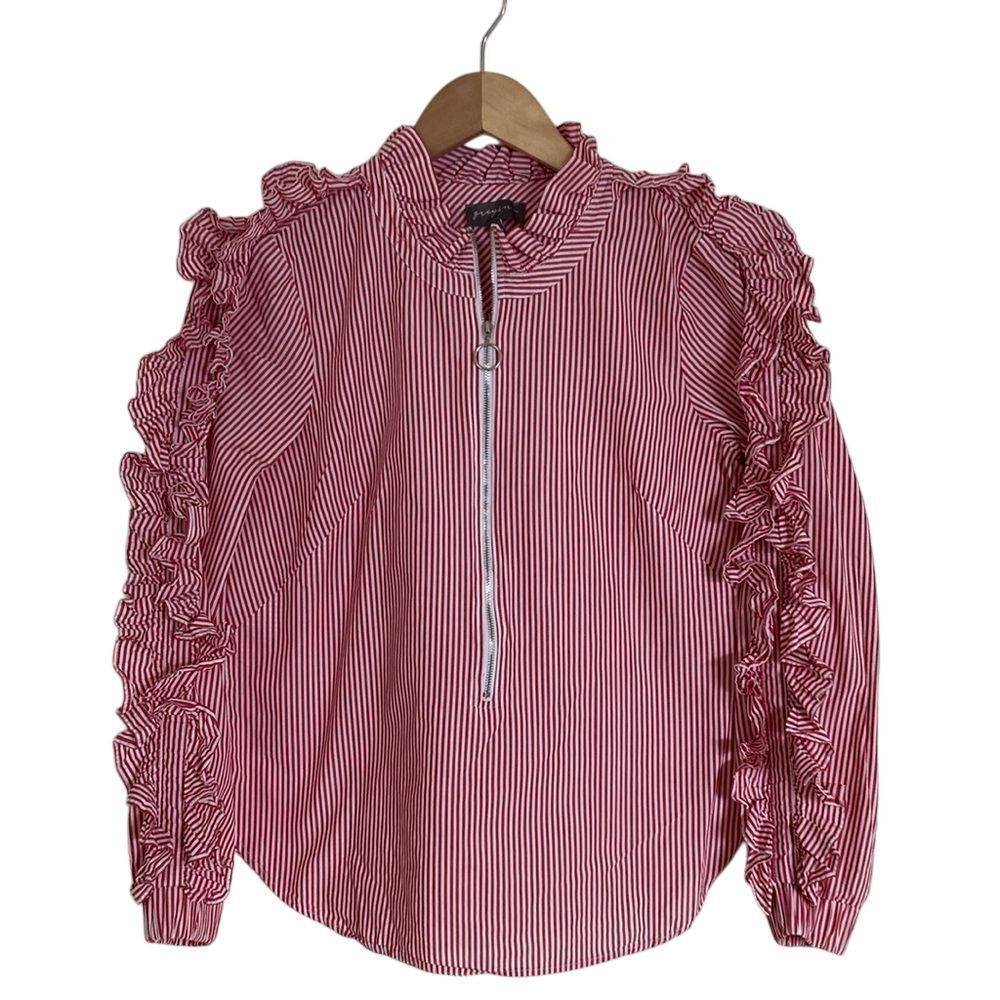 Greyson Long Ruffle Sleeve Blouse Womens Size S Red White Zipper Front